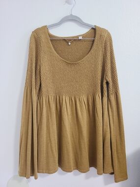 Anthropologie Knitted & Knotted Smocked Scoop Neck Long Sleeve Top in Mustard